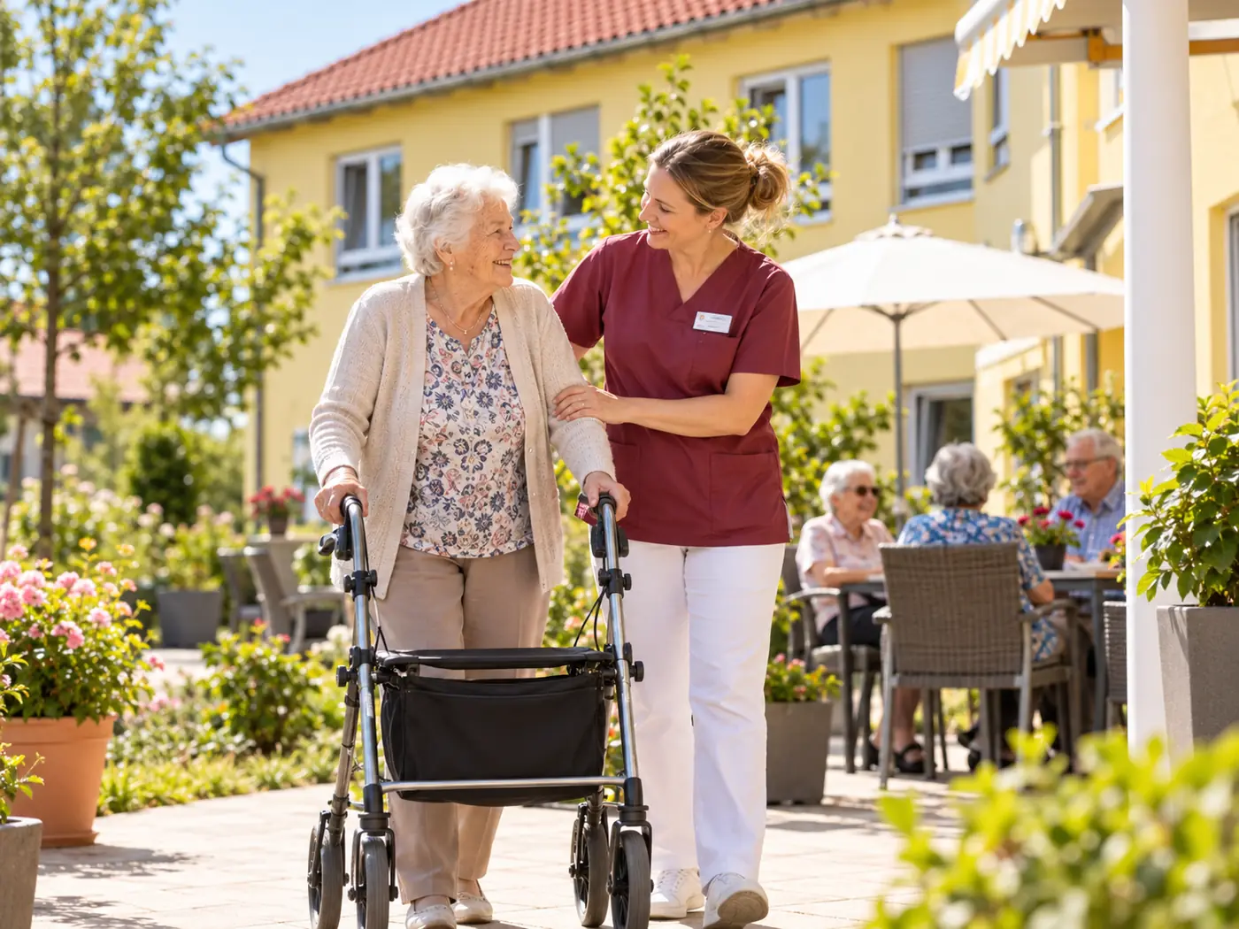 Bewohnerin mit Rollator und Pflegekraft beim Spaziergang im Garten
