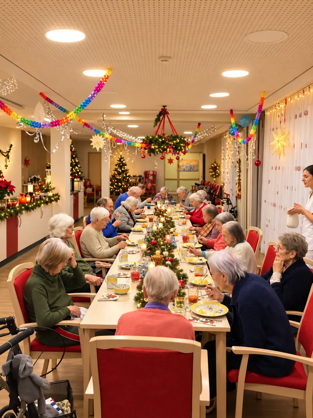 Bewohnerinnen und Bewohner an der langen Tafel beim gemeinsamen Essen